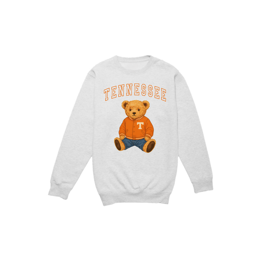 Tennessee Volunteers crewneck sweatshirt in light gray with orange teddy bear graphic, varsity Tennessee lettering, and ribbed trim