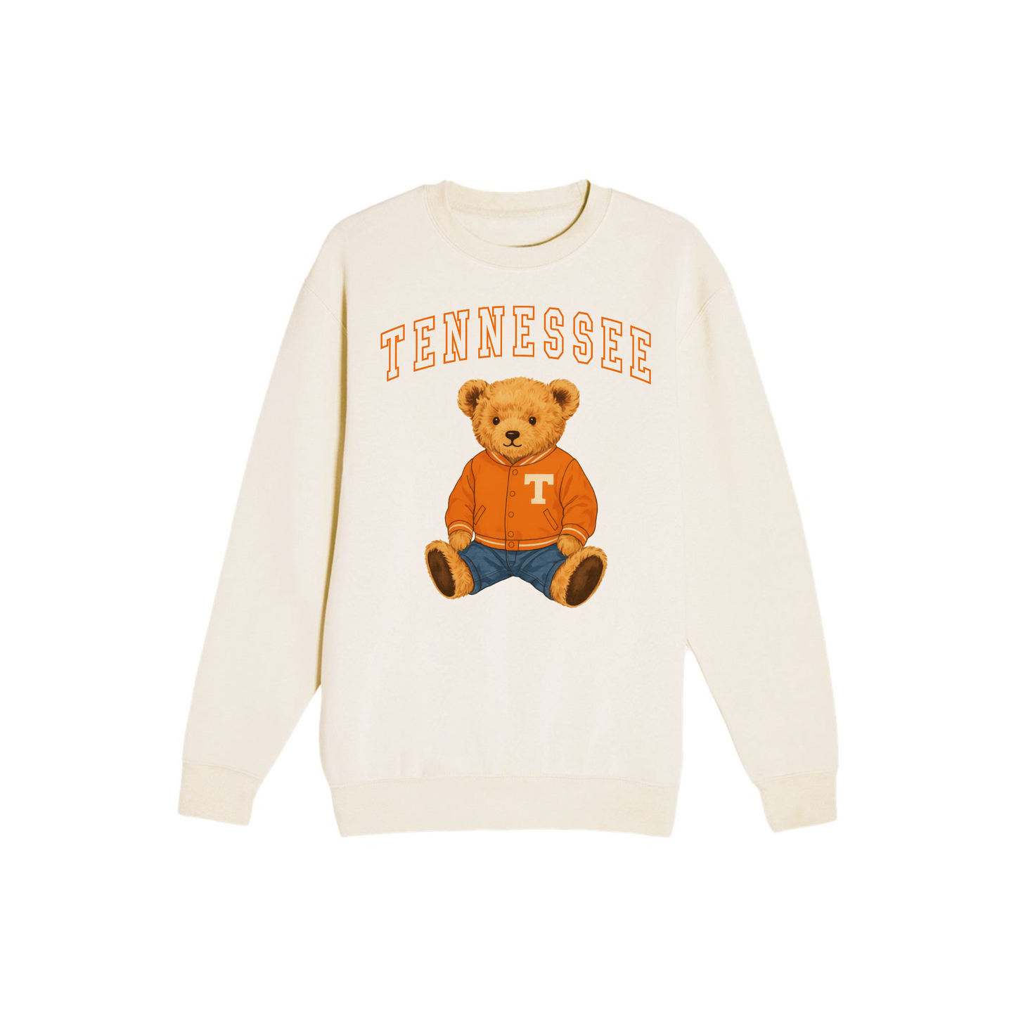 Tennessee Volunteers crewneck sweatshirt in ivory fleece with orange varsity lettering and teddy bear graphic