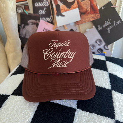 Tequila & Country Music trucker hat in brown with cream script lettering and breathable mesh sides