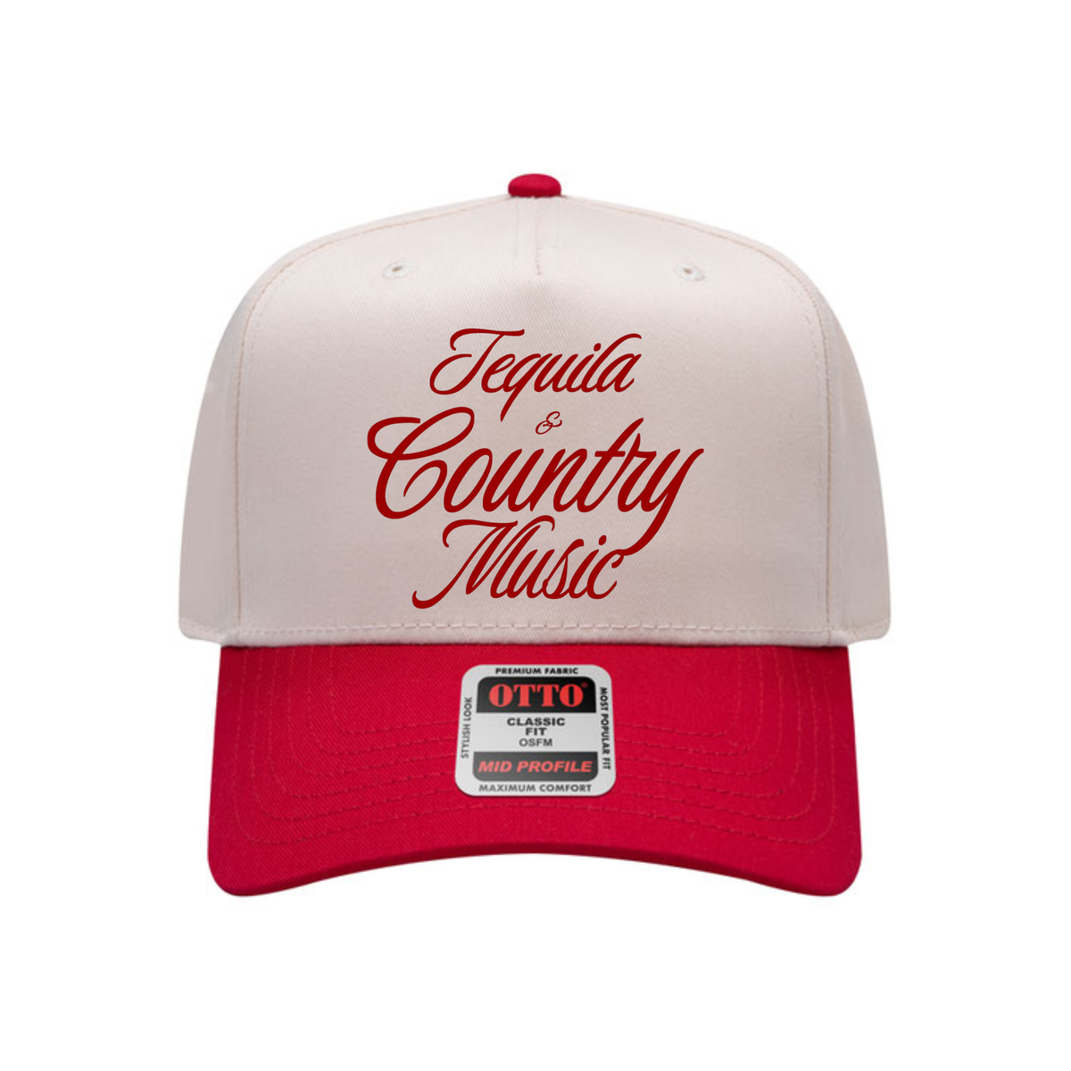 Tequila & Country Music trucker hat with cream structured front, red bill, and red script lettering