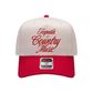 Tequila & Country Music trucker hat with cream structured front, red bill, and red script lettering