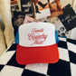 Tequila & Country Music trucker hat in red and white with blue mesh backing and script front design
