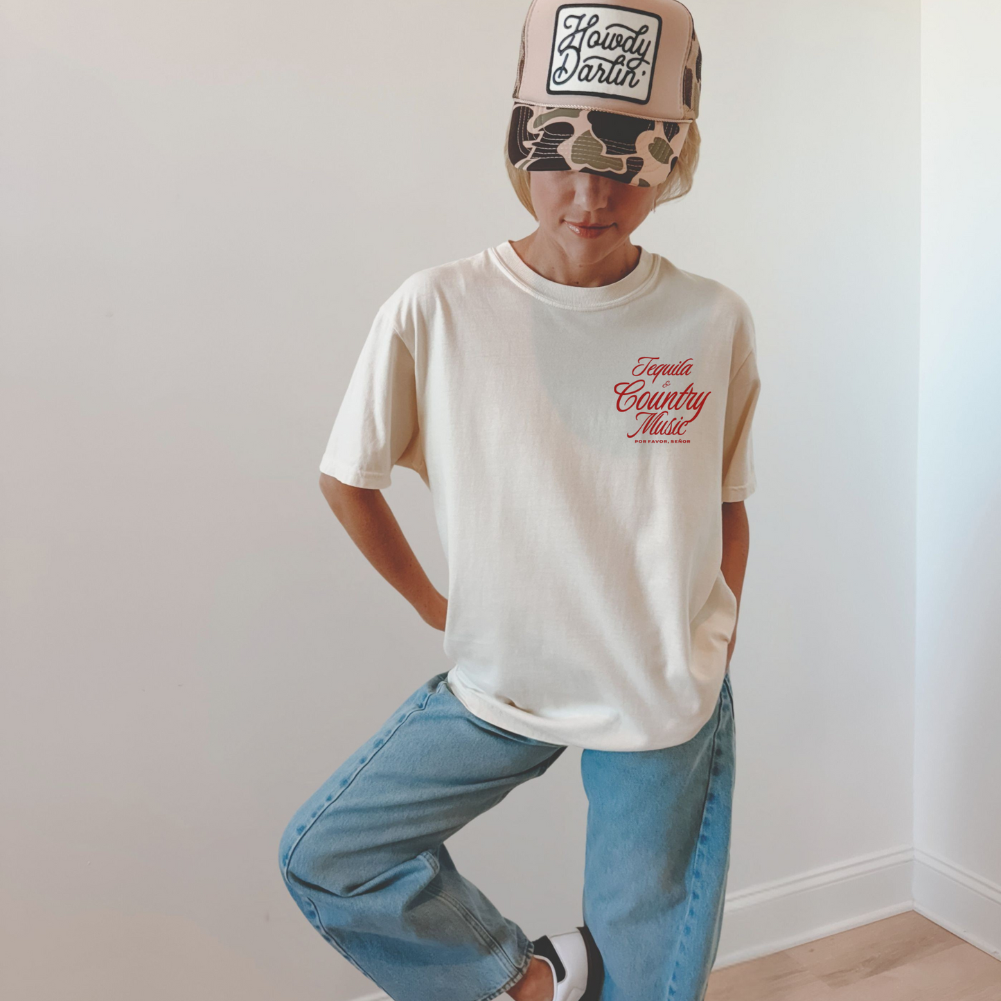 Tequila & Country Music white cotton graphic T-shirt with small red western script and oversized fit