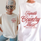 Tequila & Country Music graphic tee in white with bold red western script and oversized relaxed fit