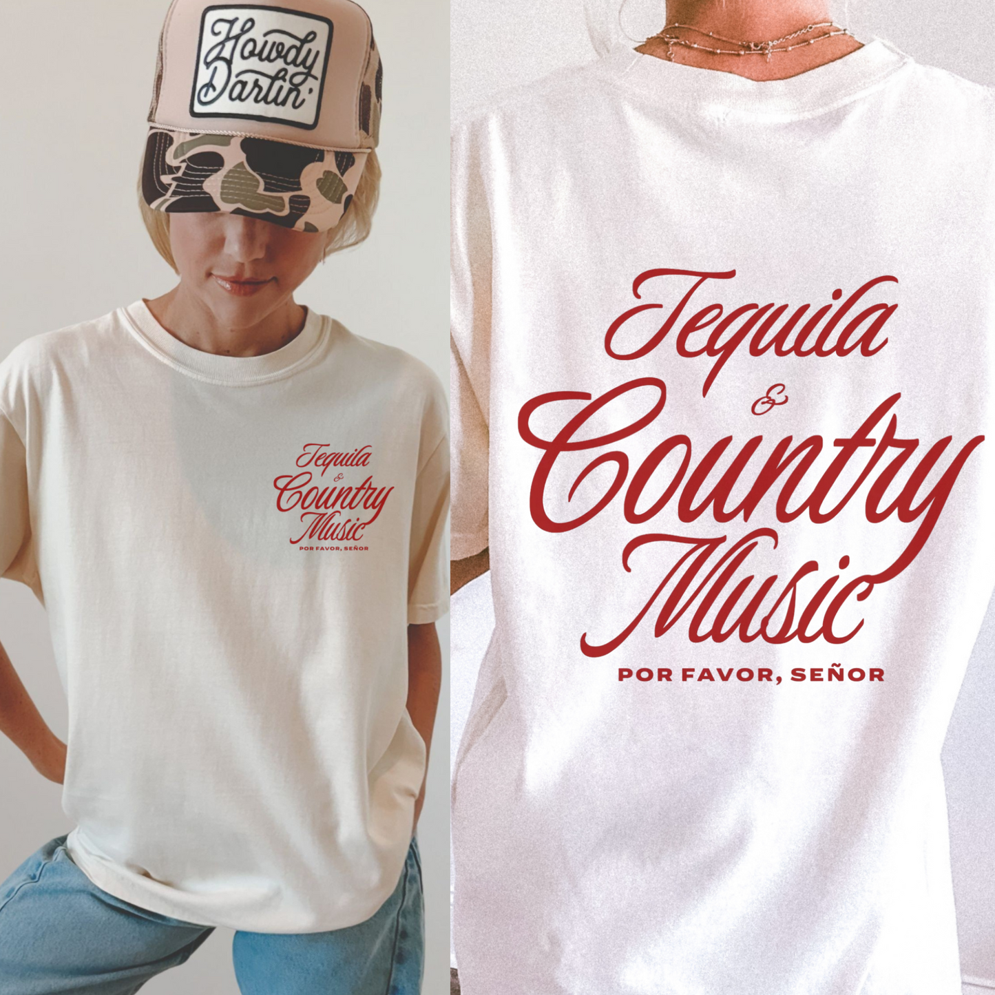 Tequila & Country Music graphic tee in white with bold red western script and oversized relaxed fit