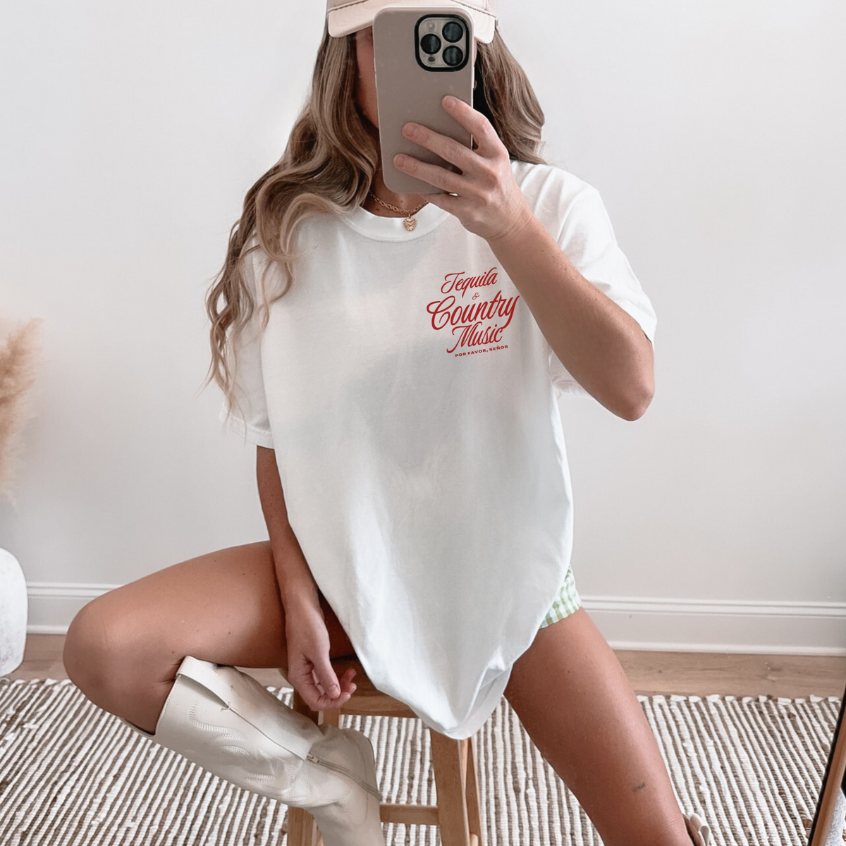 Tequila & Country Music white oversized graphic tee with red western script chest print and relaxed unisex fit