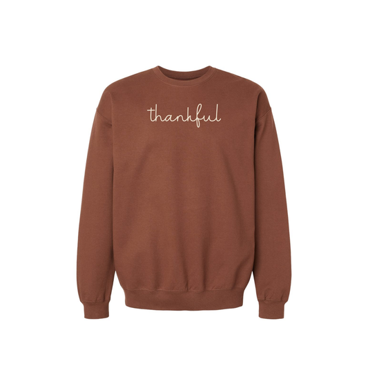 Thankful Script Crewneck Sweatshirt in warm brown with soft cream handwritten script and classic crewneck design
