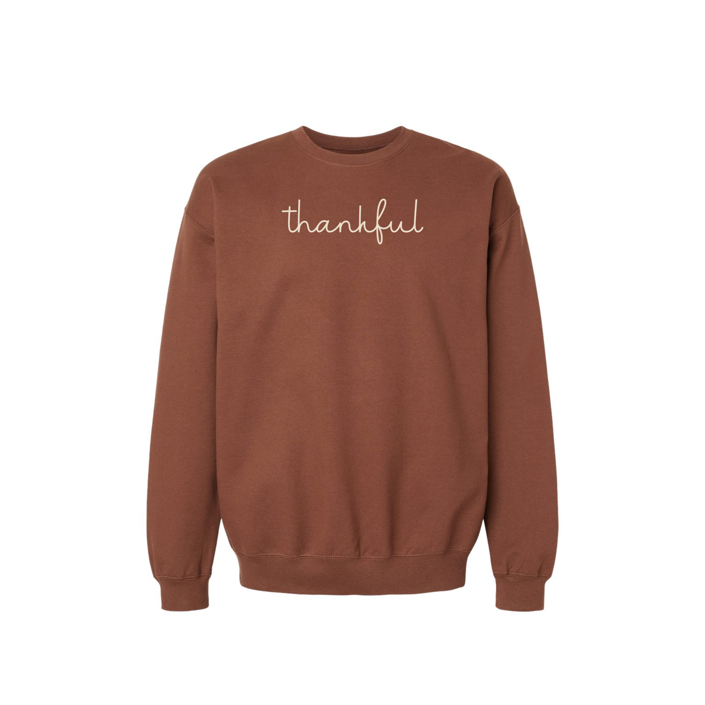Thankful Script Crewneck Sweatshirt in warm brown with soft cream handwritten script and classic crewneck design