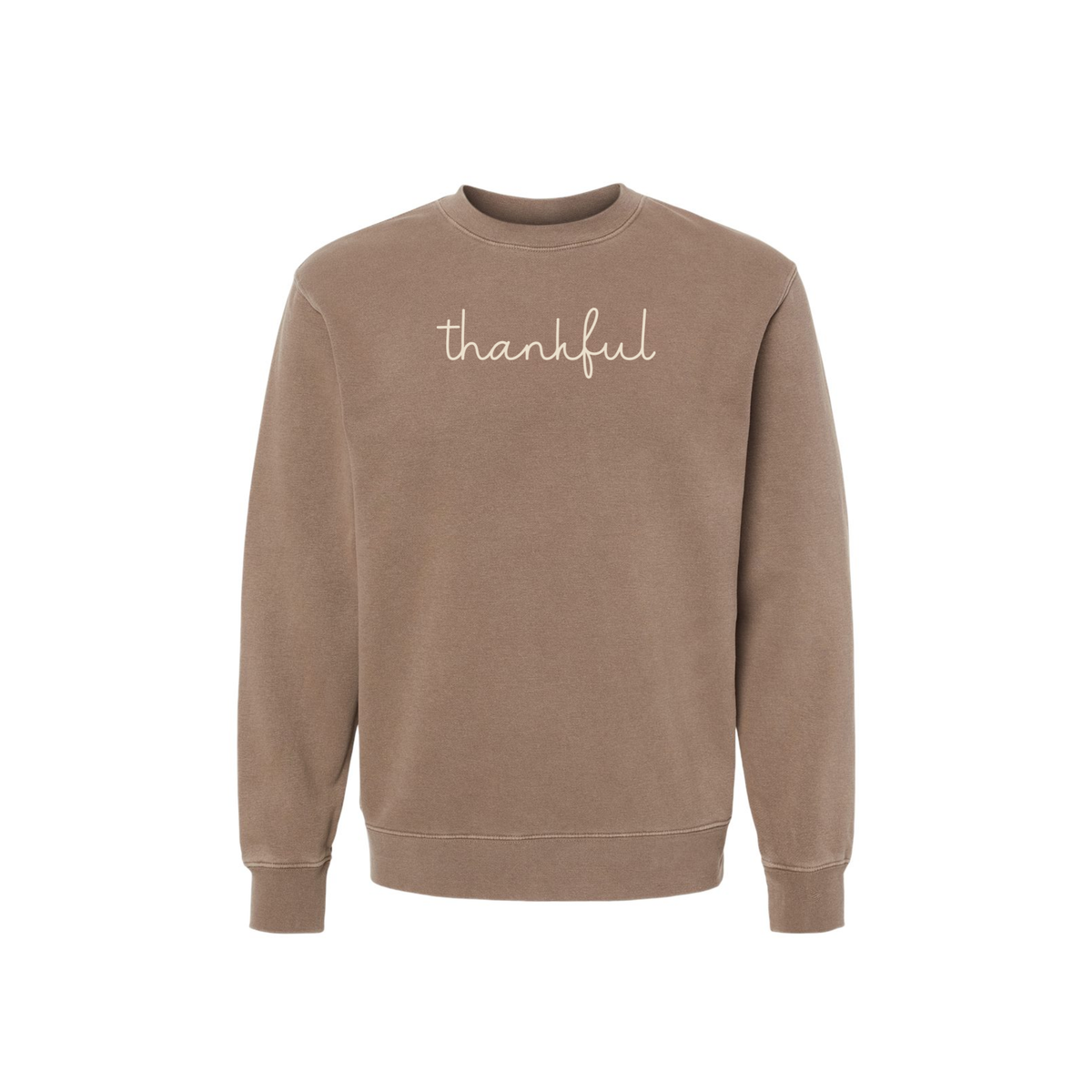 Thankful Script Crewneck Sweatshirt in brown pigment-dyed cotton blend with cream handwritten script and ribbed trim