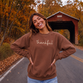 Thankful Script Crewneck Sweatshirt in brown fleece with cream handwritten script and classic relaxed fit