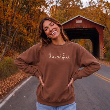 Thankful Script Crewneck Sweatshirt in brown fleece with cream handwritten script and classic relaxed fit