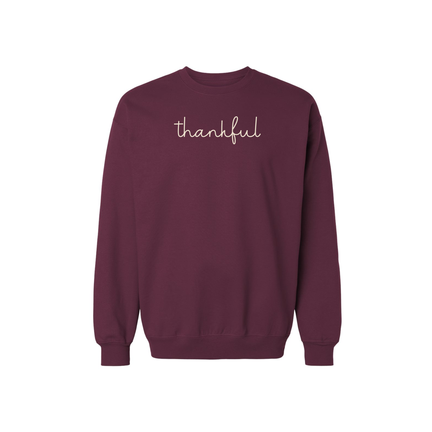 Thankful Script Crewneck Sweatshirt in maroon fleece with cream handwritten script graphic and ribbed cuffs