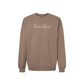Thankful Script Crewneck Sweatshirt in taupe brown fleece with cream handwritten script and ribbed cuffs