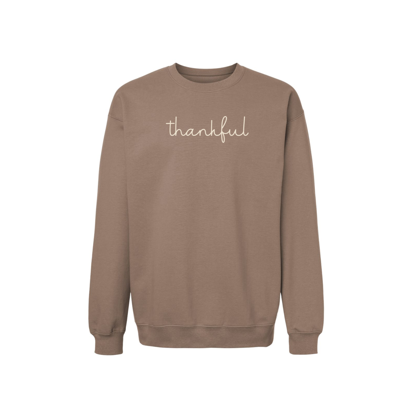 Thankful Script Crewneck Sweatshirt in taupe brown fleece with cream handwritten script and ribbed cuffs