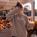 Thankful Script Crewneck Sweatshirt in pigment taupe, with soft cream handwritten script and cozy cotton-blend fabric