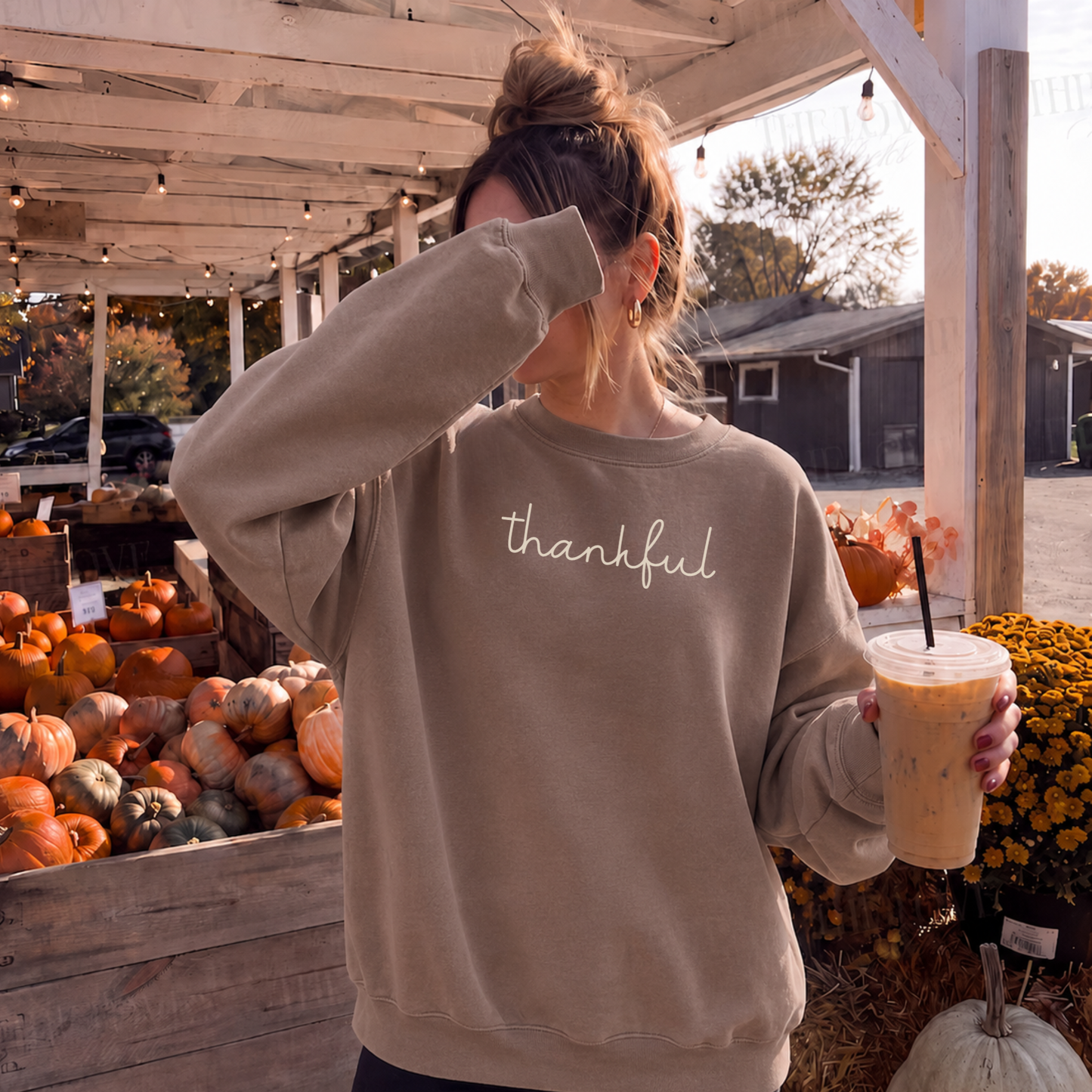 Thankful Script Crewneck Sweatshirt in pigment taupe, with soft cream handwritten script and cozy cotton-blend fabric