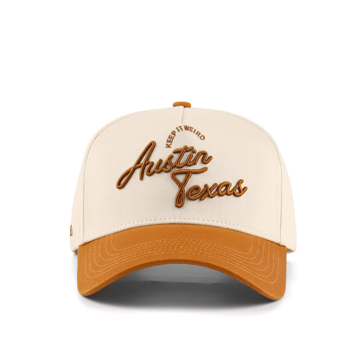 The Austin Script Hat, beige and orange trucker hat with embroidered Austin Texas script and pre-curved brim
