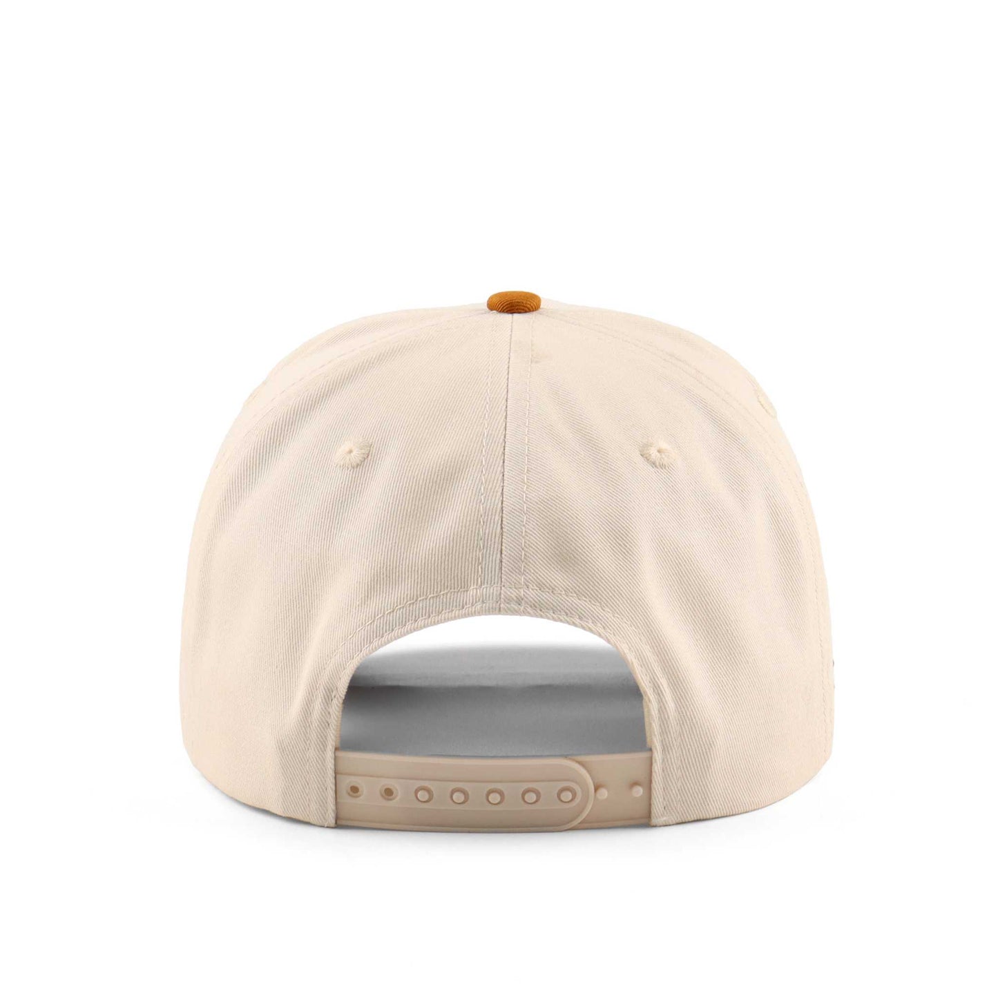 The Austin Script Hat beige cotton trucker cap with orange top button and adjustable snapback, shown from the back