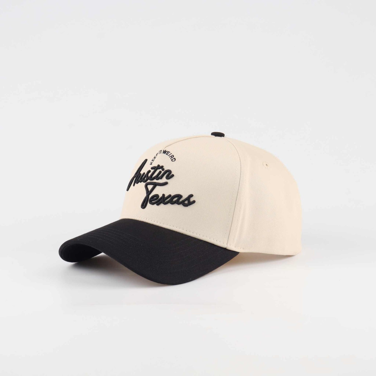 The "Austin" Script Hat, cream and black cotton cap with embroidered Austin Texas script and curved brim