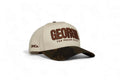 The Camo Georgia Snapback beige trucker hat with camouflage pre-curved brim and Georgia embroidered lettering