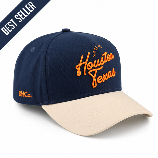 The "Houston" Script Hat, navy and beige pre-curved cap with orange Houston Texas embroidery and curved brim