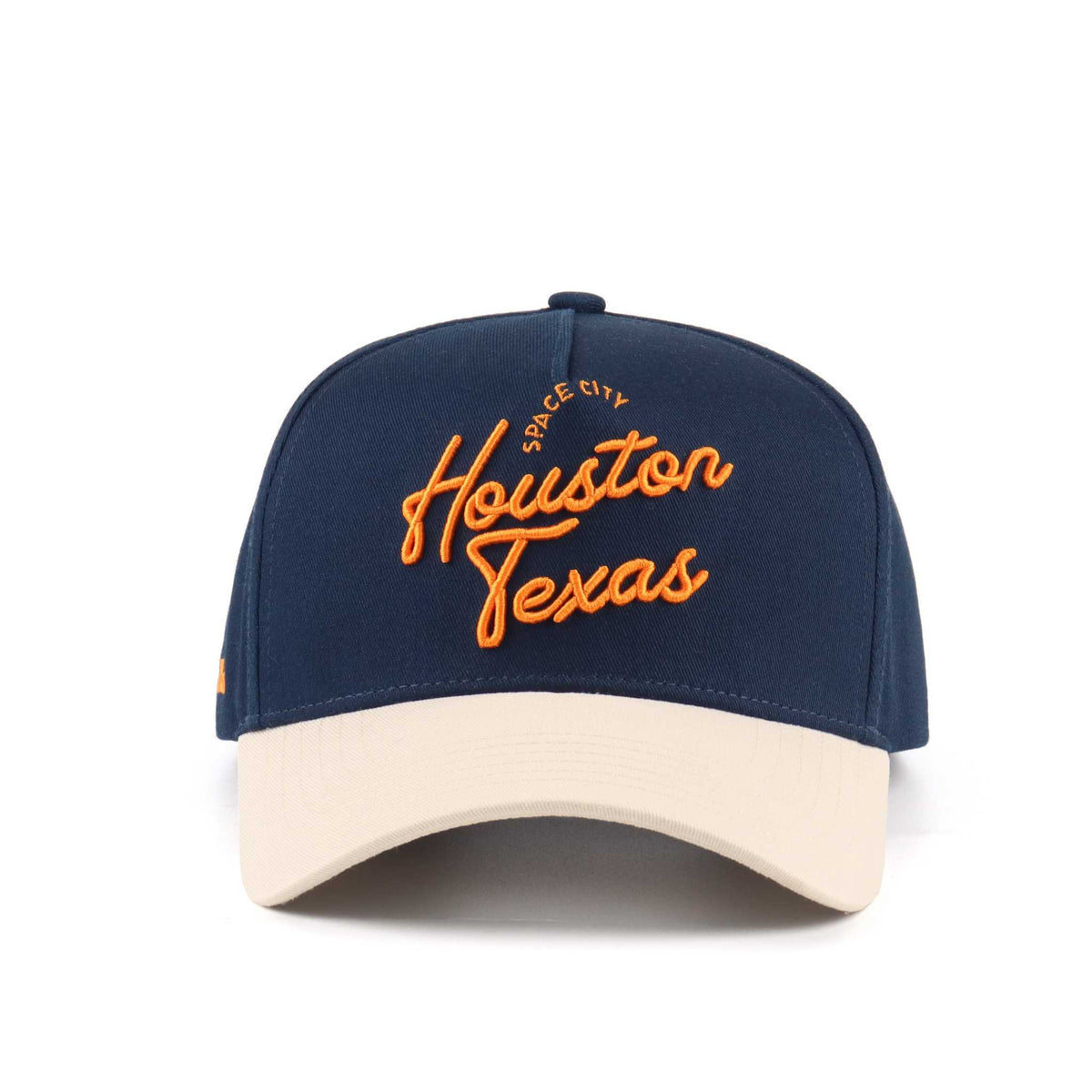 The "Houston" Script Hat, navy and beige cotton cap with orange Houston Texas embroidery and curved brim