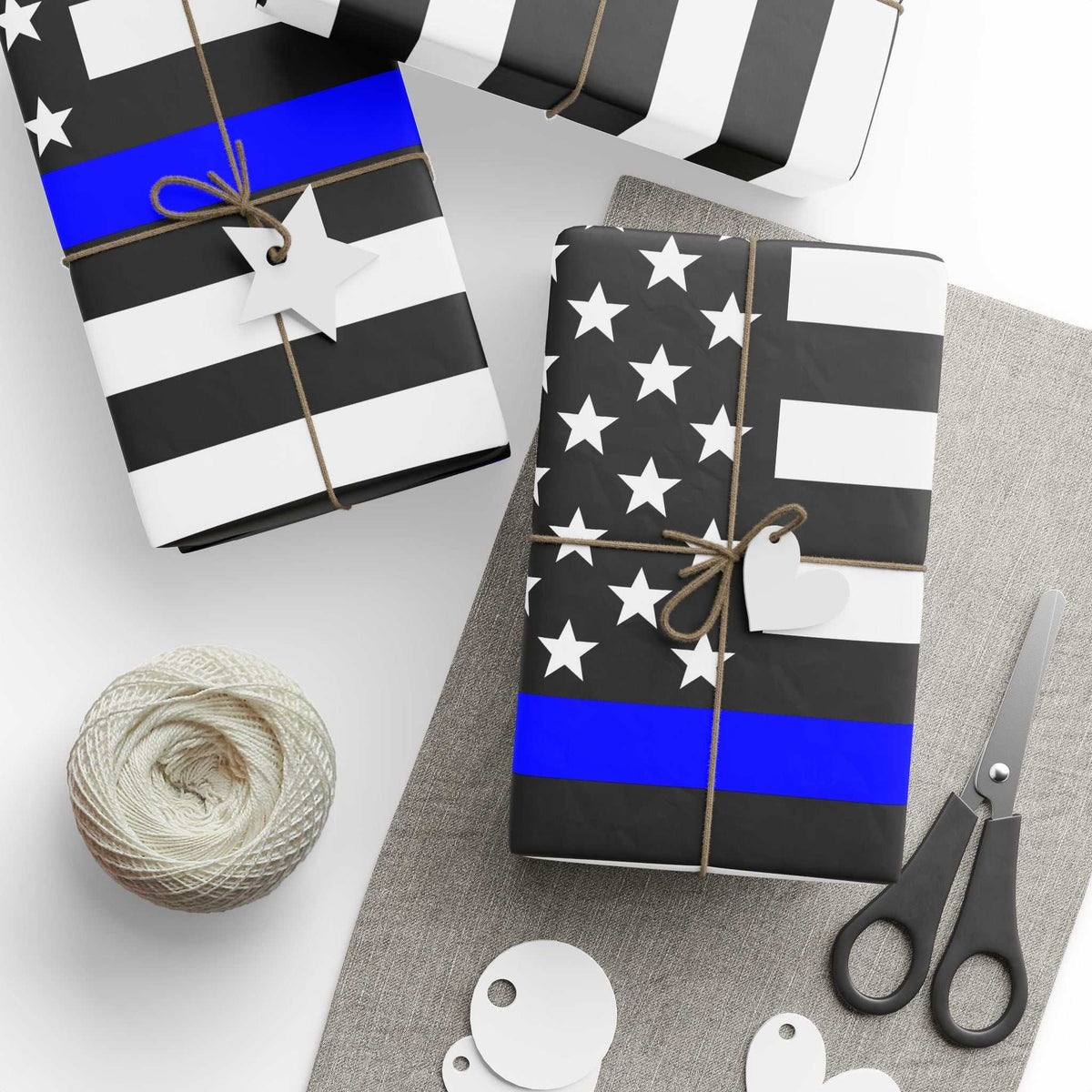 Thin Blue Line American Flag wrapping paper with blue stripe on black and white flag