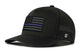 Thin Blue Line Hat in black performance fabric with blue-line American flag patch, perforated panels, and curved bill