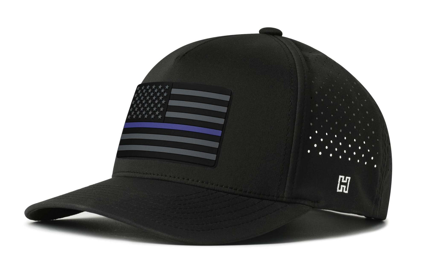 Thin Blue Line Hat in black performance fabric with blue-line American flag patch, perforated panels, and curved bill