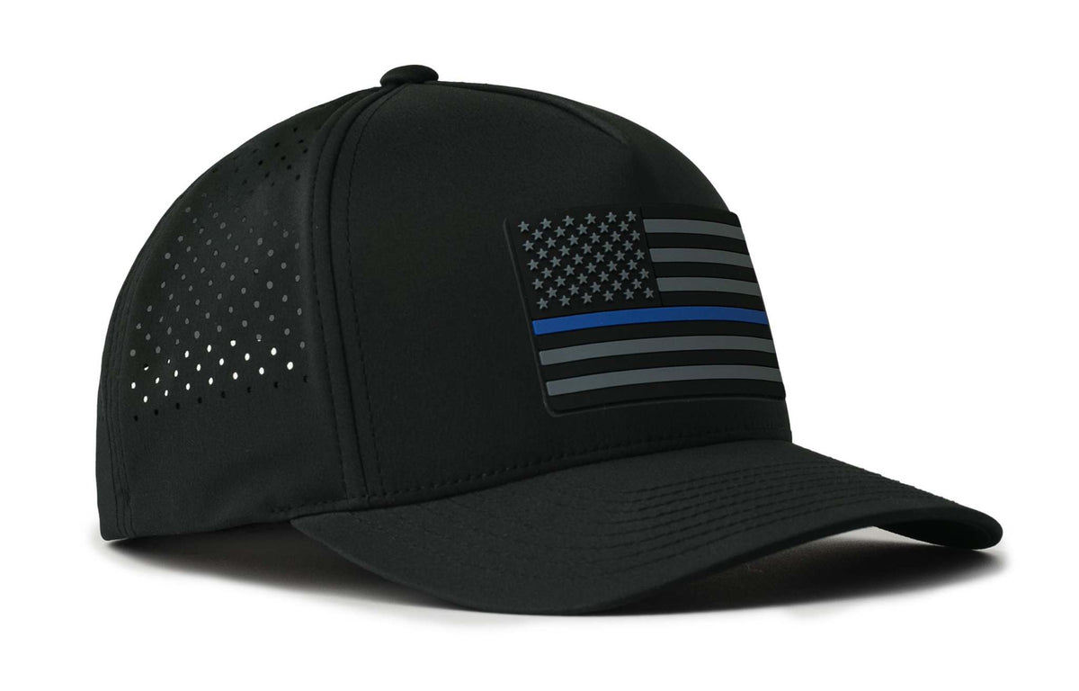 Thin Blue Line Hat in black performance fabric with perforated panels, curved bill, and blue-striped American flag patch