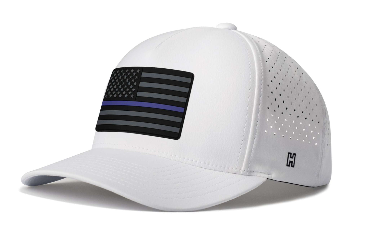 Thin Blue Line Hat in white perforated performance fabric with curved bill and black American flag patch