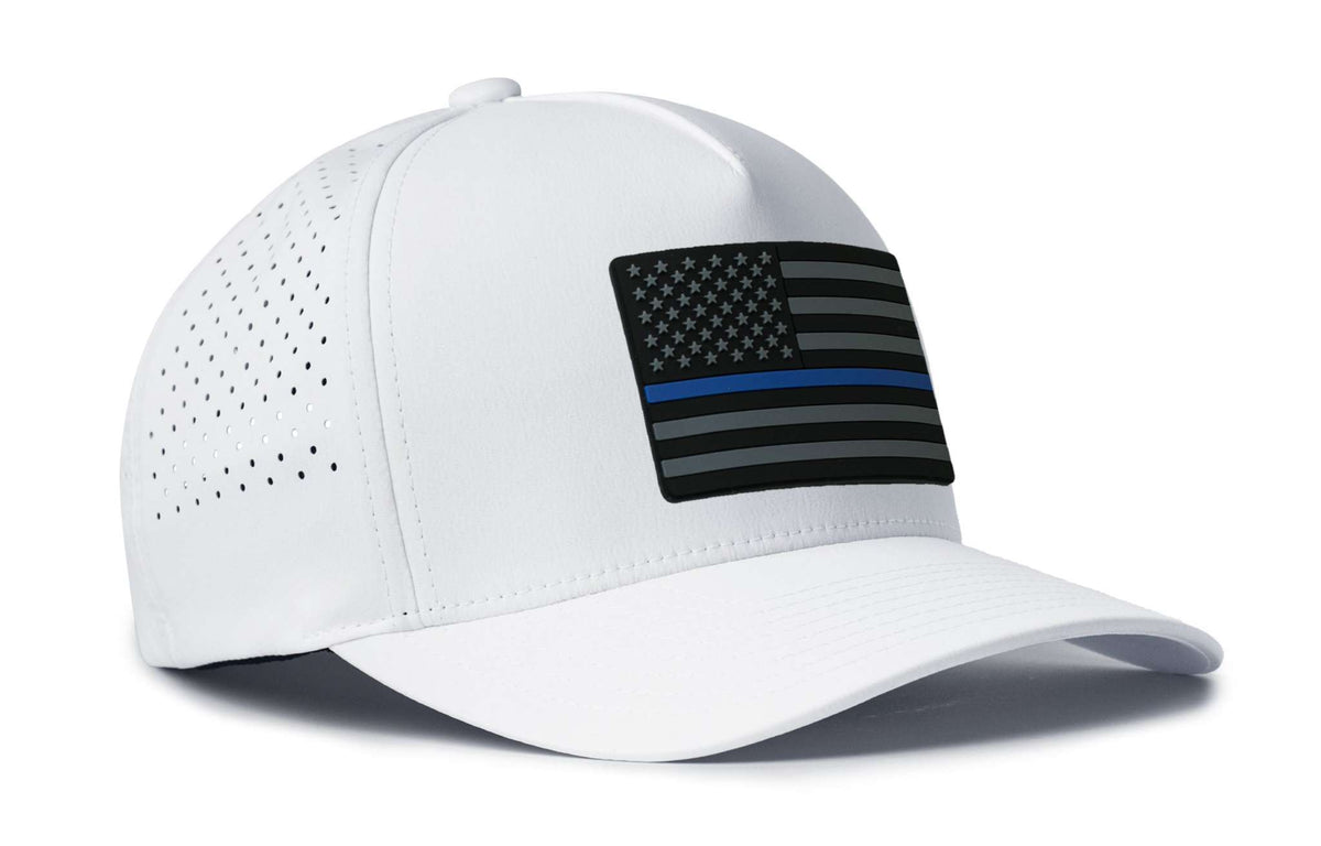Thin Blue Line Hat in white performance fabric with perforated sides, curved bill, and black USA flag patch