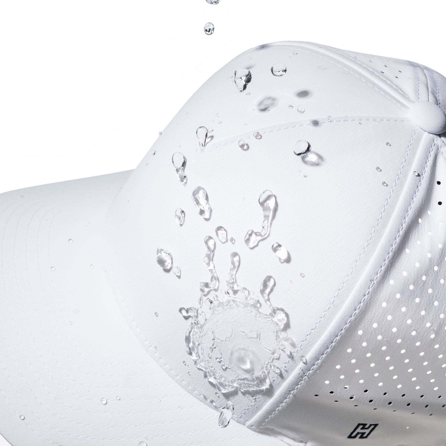 Thin Blue Line Hat in white water-repellent performance fabric with perforated side panels and curved bill