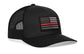 Thin Red Line Trucker Hat in black with mesh back and embroidered black-and-gray American flag patch featuring a red line detail.