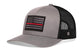 Thin Red Line Trucker Hat with grey front panel, black mesh back, and embroidered black and grey American flag patch with red line.