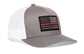 Thin Red Line Trucker Hat in gray and white mesh with an embroidered black and gray American flag patch featuring a red line stripe