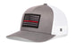 Thin Red Line Trucker Hat with grey front, white mesh back, and embroidered black and grey flag patch with a red line stripe.