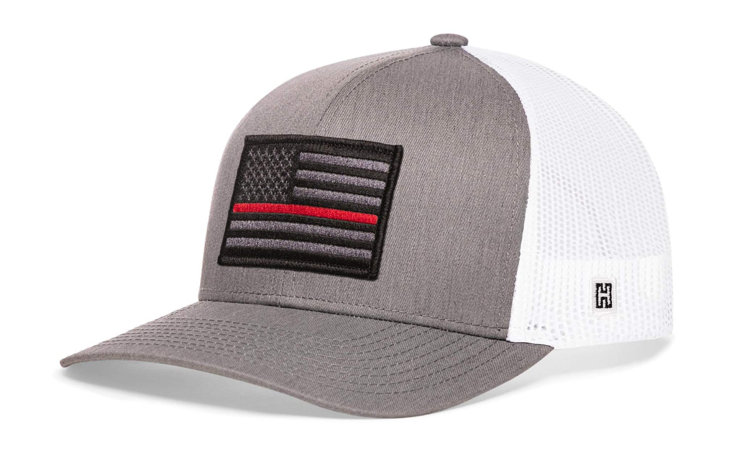 Thin Red Line Trucker Hat with grey front, white mesh back, and embroidered black and grey flag patch with a red line stripe.