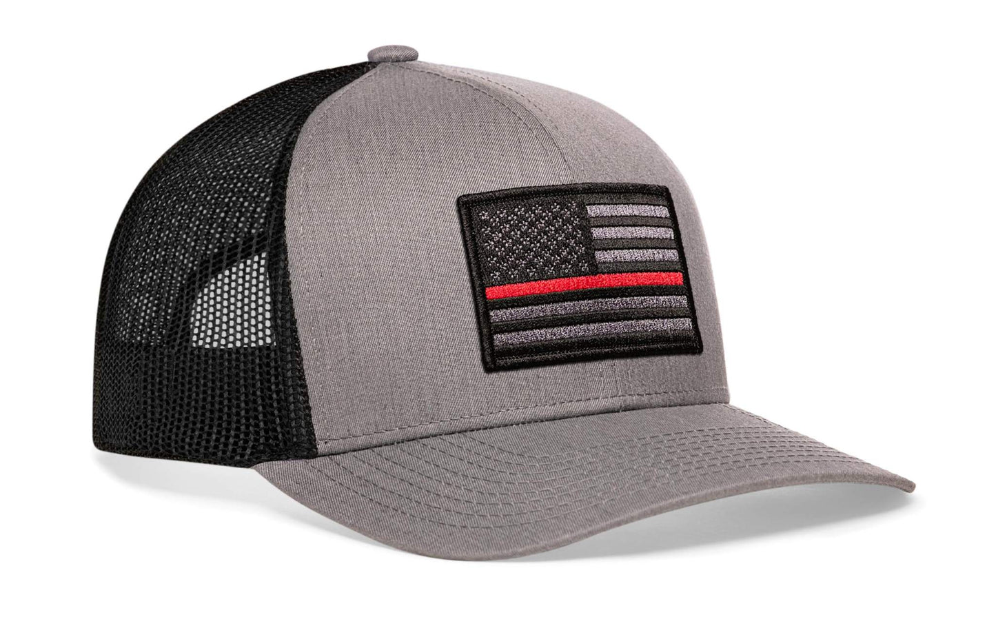 Thin Red Line Trucker Hat in grey and black mesh with an embroidered black flag patch and red stripe