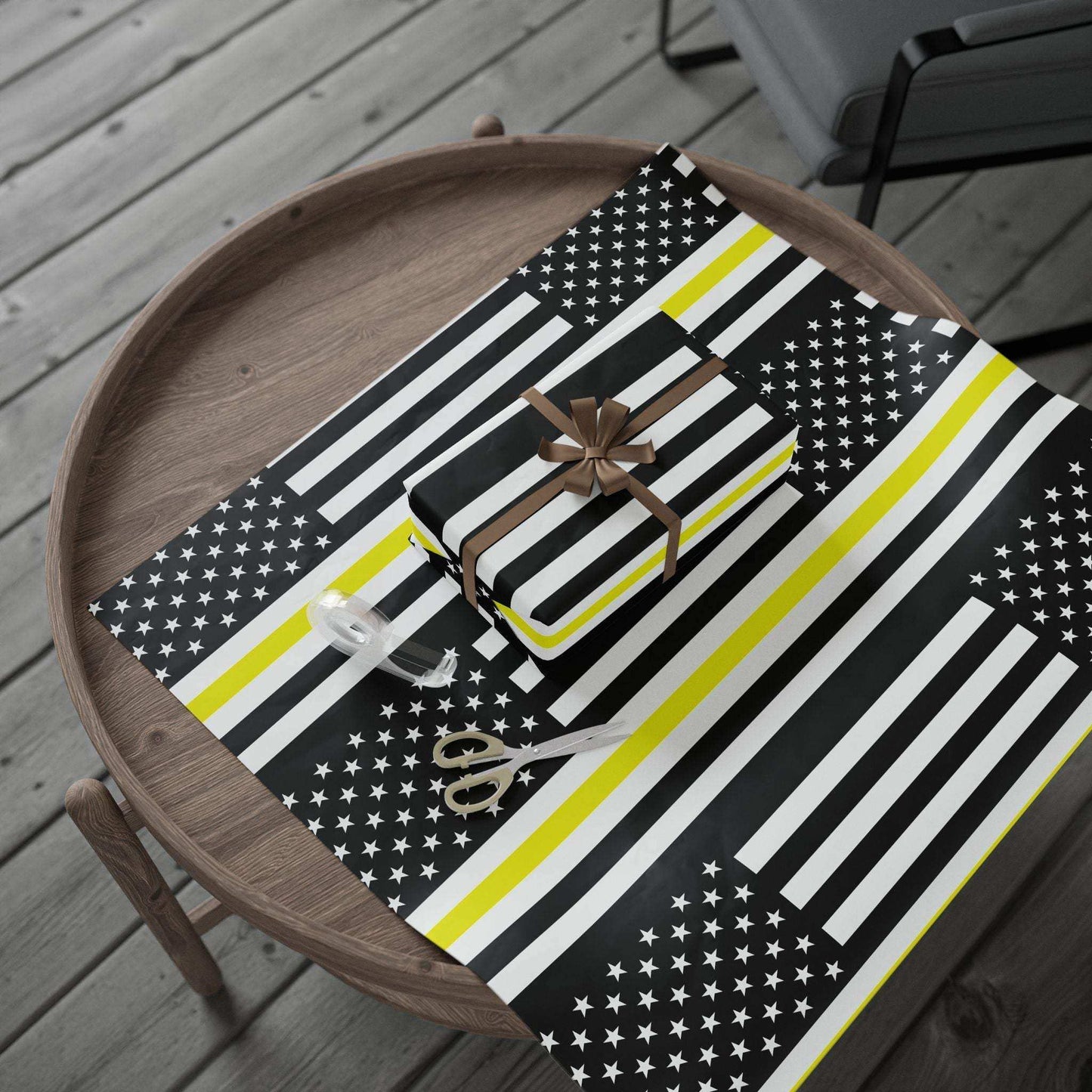 thin yellow line american flag wrapping paper honoring dispatchers