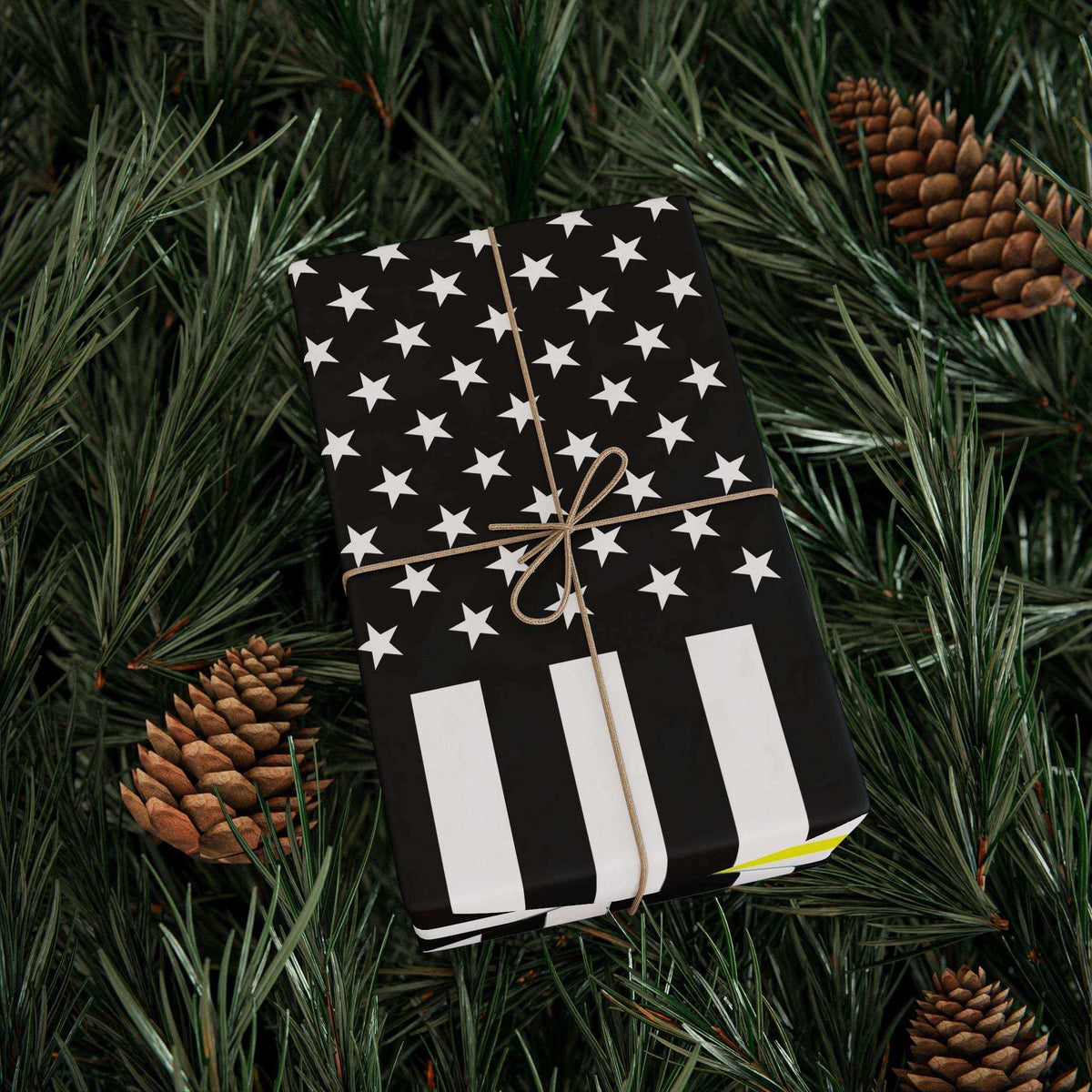 Thin yellow line American flag wrapping paper honoring public safety dispatchers