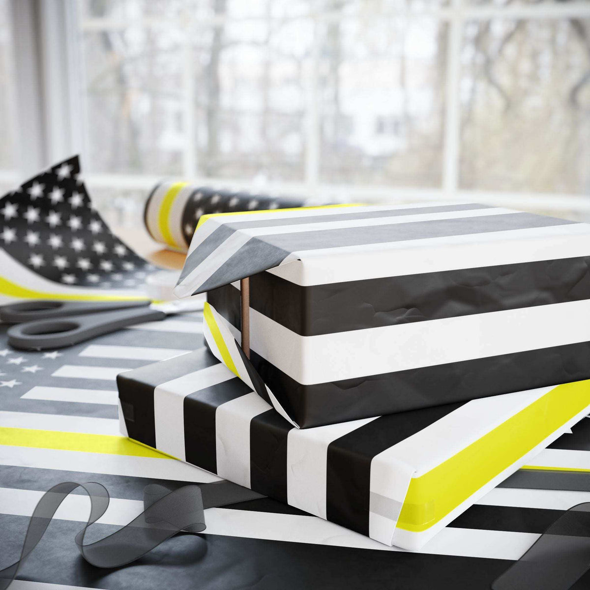 Thin yellow line American flag wrapping paper honoring public safety dispatchers