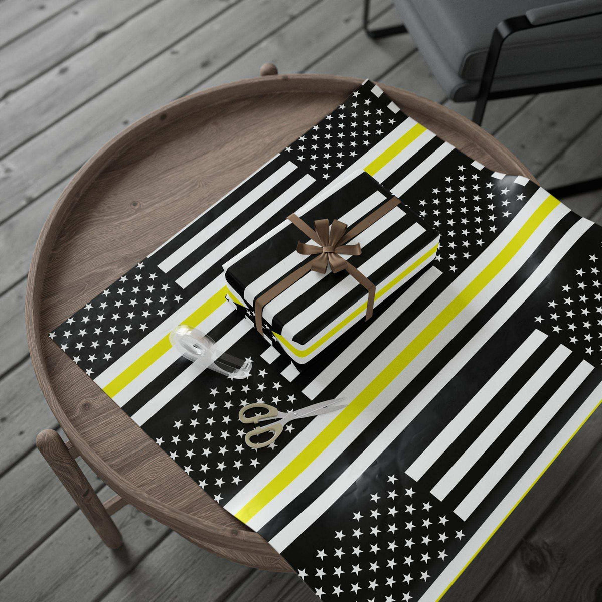 Thin yellow line American flag wrapping paper honoring public safety dispatchers