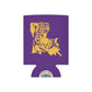 Tiger Silhouette Louisiana Can Cooler in bold purple neoprene with a gold tiger silhouette shaped like Louisiana state