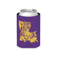 Tiger Silhouette Louisiana Can Cooler in purple neoprene with a gold tiger face and state outline design snugly holding a can