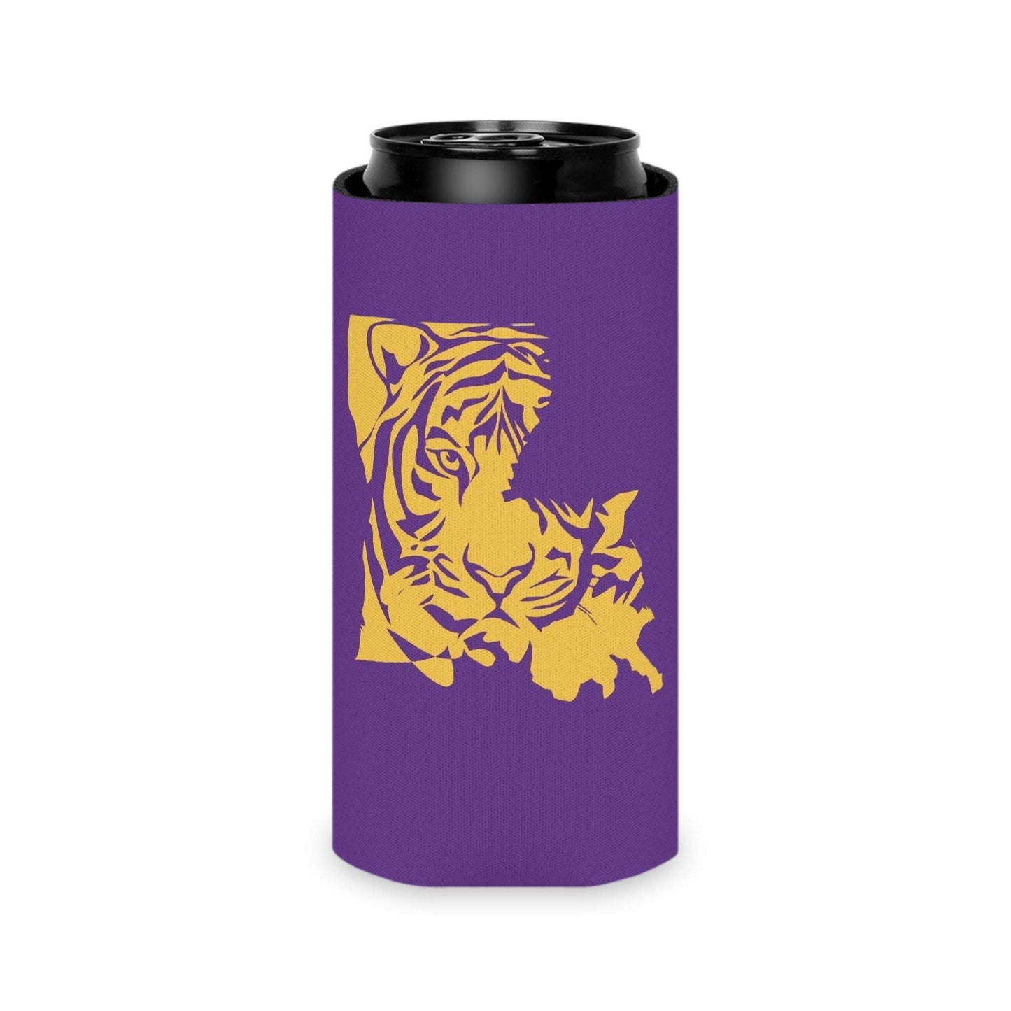 Tiger Silhouette Louisiana Can Cooler with bold purple neoprene and a gold Louisiana-shaped tiger silhouette design