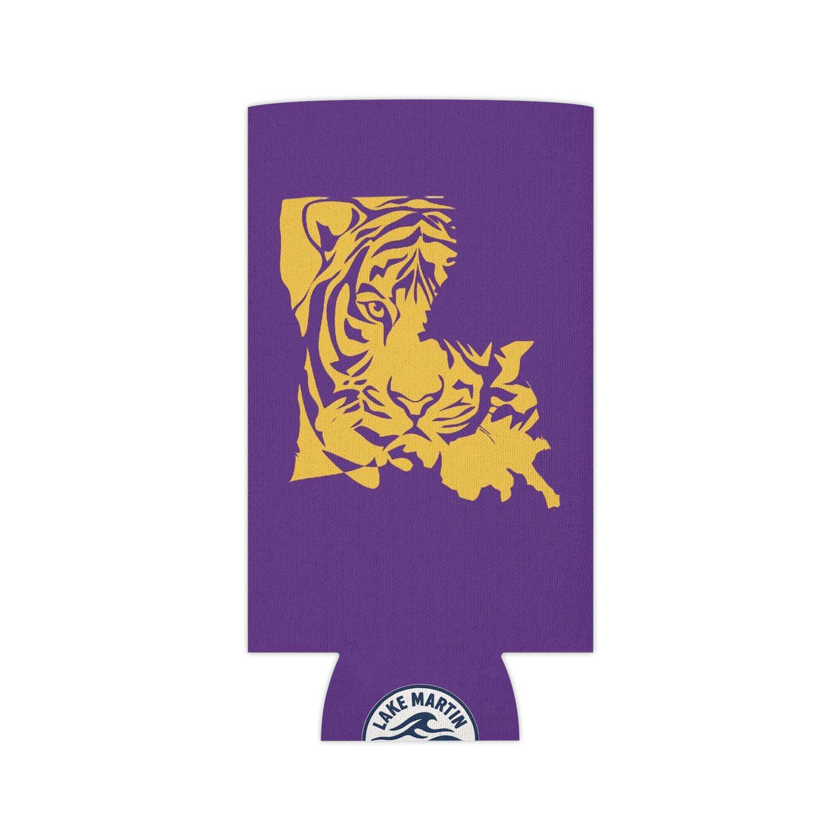 Tiger Silhouette Louisiana Can Cooler in vibrant purple with a bold gold tiger face shaped like Louisiana, made of durable neoprene