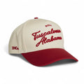 Tuscaloosa Script Hat in beige and red cotton, featuring embroidered script and a pre-curved brim