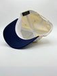 U.S.A Script Hat in beige and navy blue, with a mesh back, curved brim, and adjustable snap closure