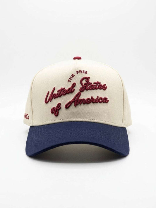 U.S.A Script Hat in beige and navy with red embroidered United States of America script and curved brim